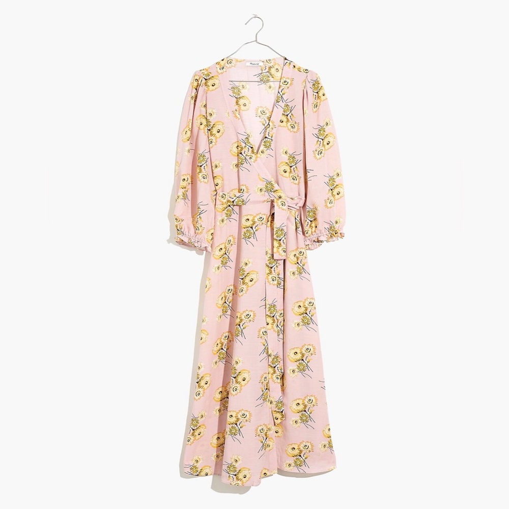 Madewell Linen-Blend Ruffle-Cuff Wrap Dress in Dutch Dandelions